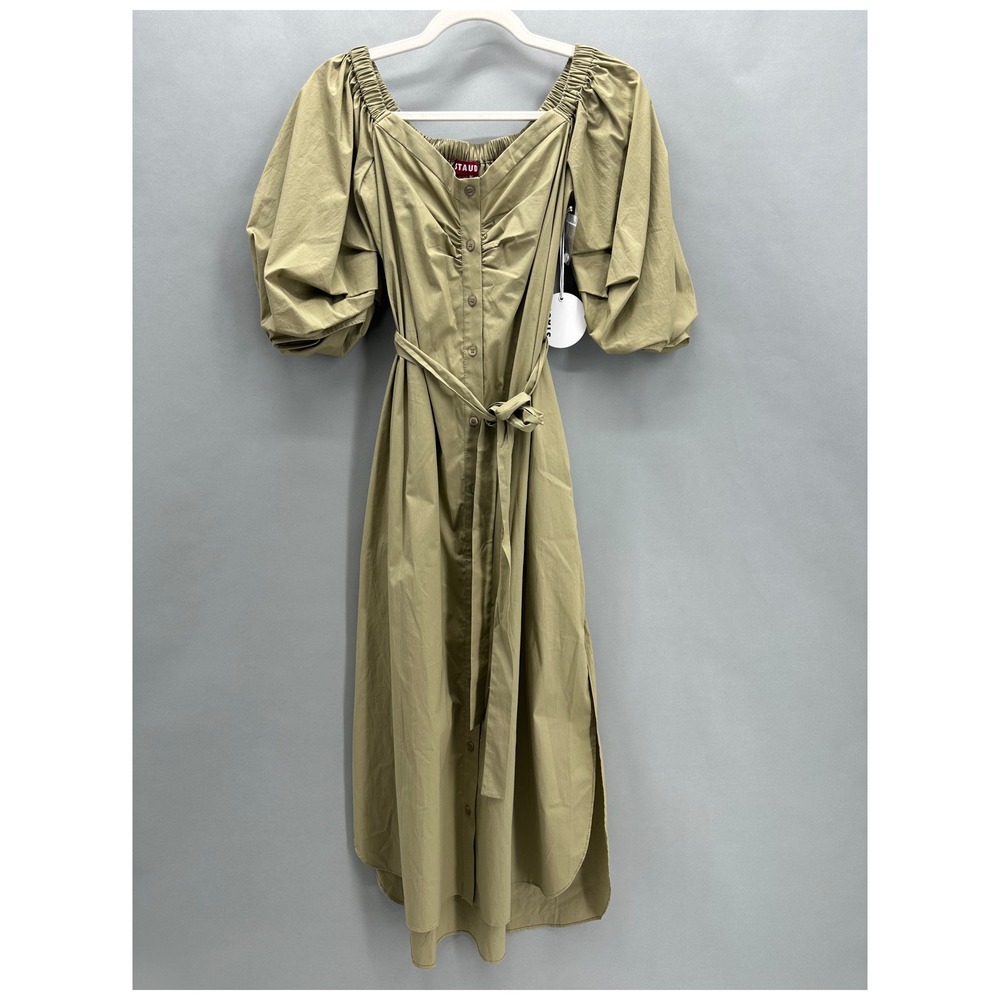 STAUD Reese Dress Khaki Puff Sleeve Midi Cotton Size XS Capsule Minimalist NEW - Picture 2 of 12